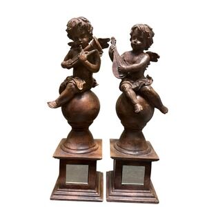 Vintage Resin Putti Wood Look Cherub Angel Music Instrument 13" Pair Mirror Base